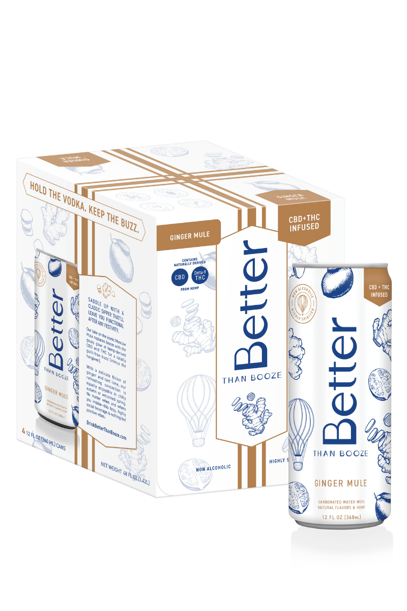 Better Than Booze Ginger Mule with CBD and THC, non-alcoholic 12 fl oz can, 4 pack box
